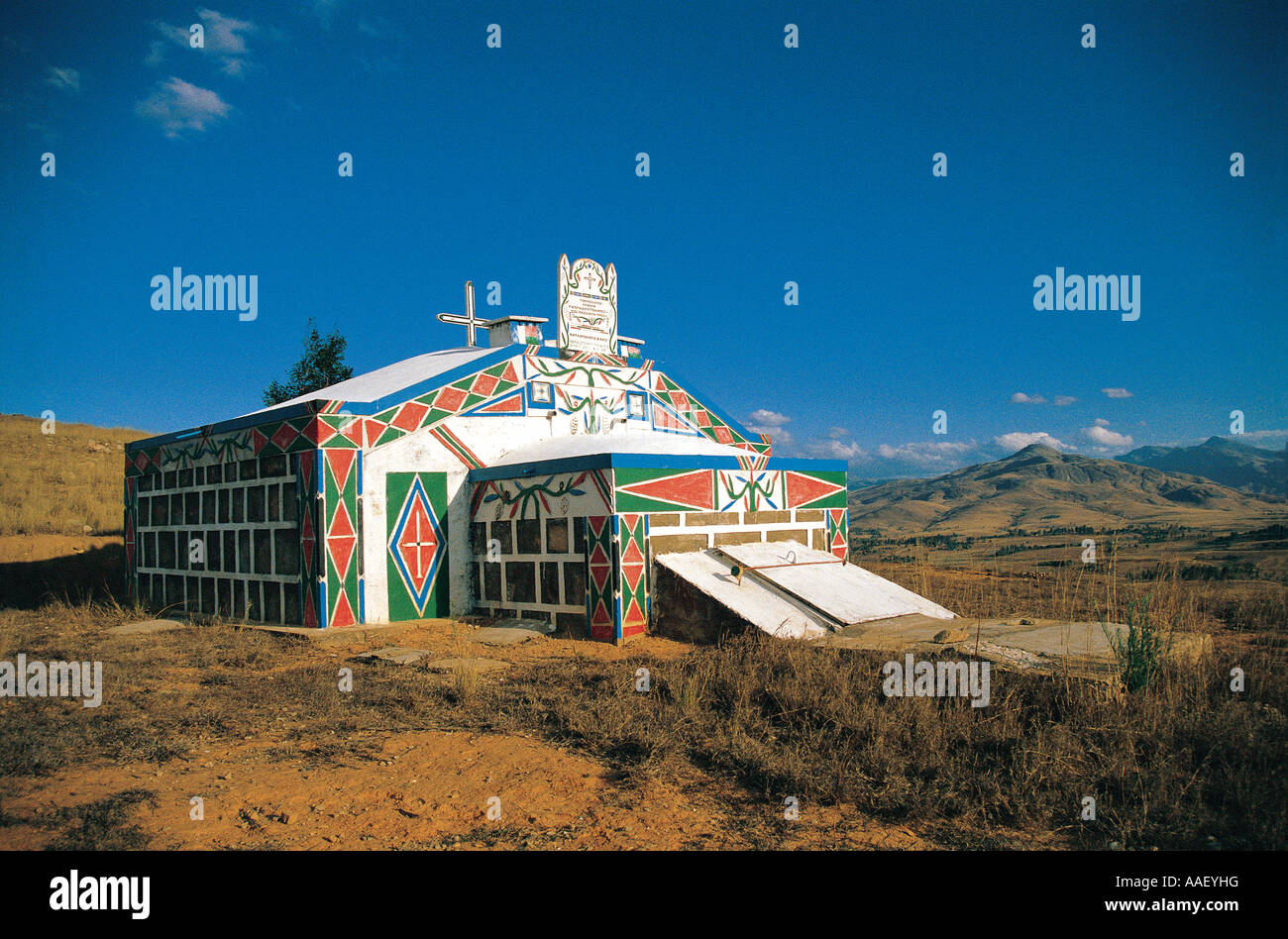 Decorated family tomb on hillside near Ambalavao Central Madagascar Stock Photo