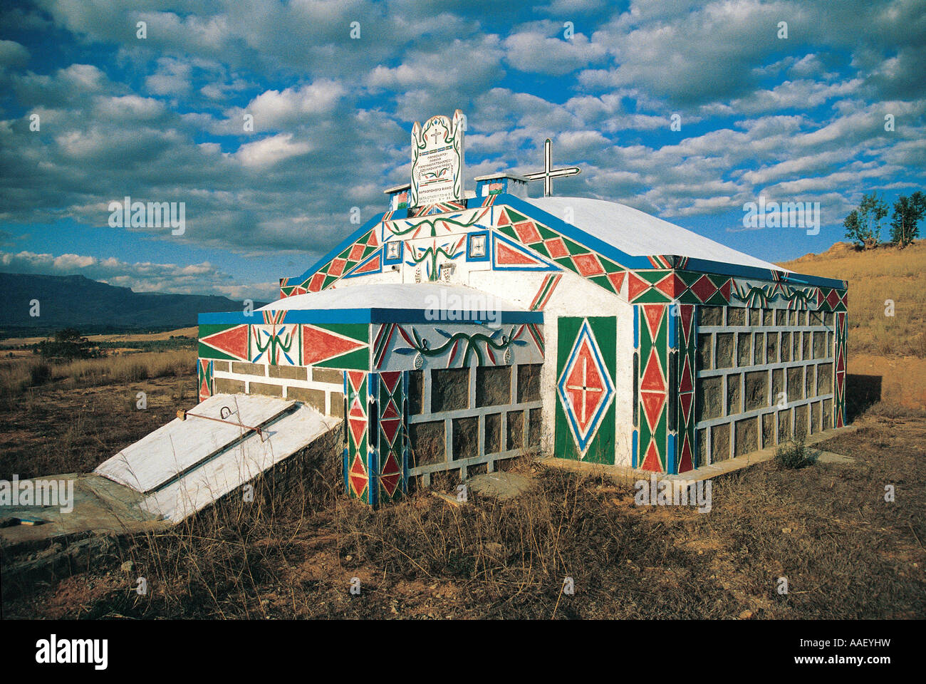 Decorated family tomb on hillside near Ambalavao Central Madagascar Stock Photo