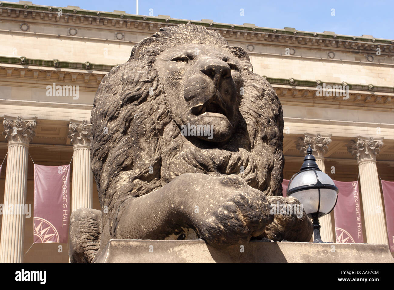 Lion statue outside St Hall Liverpool Stock Photo Alamy