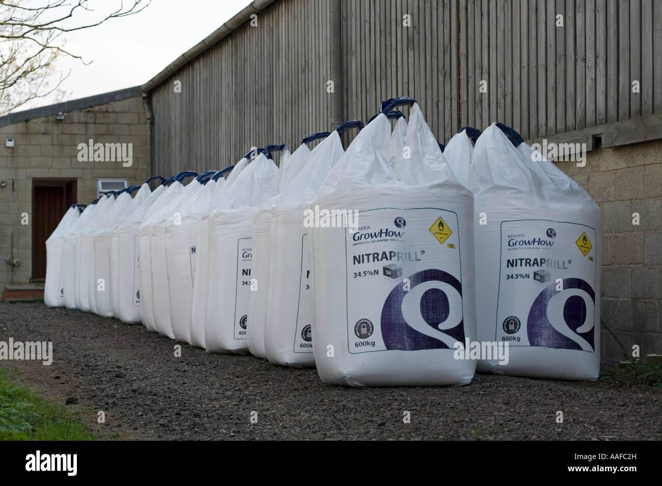 Stack of large white bags of farm Nitraprill nitrogen fertiliser