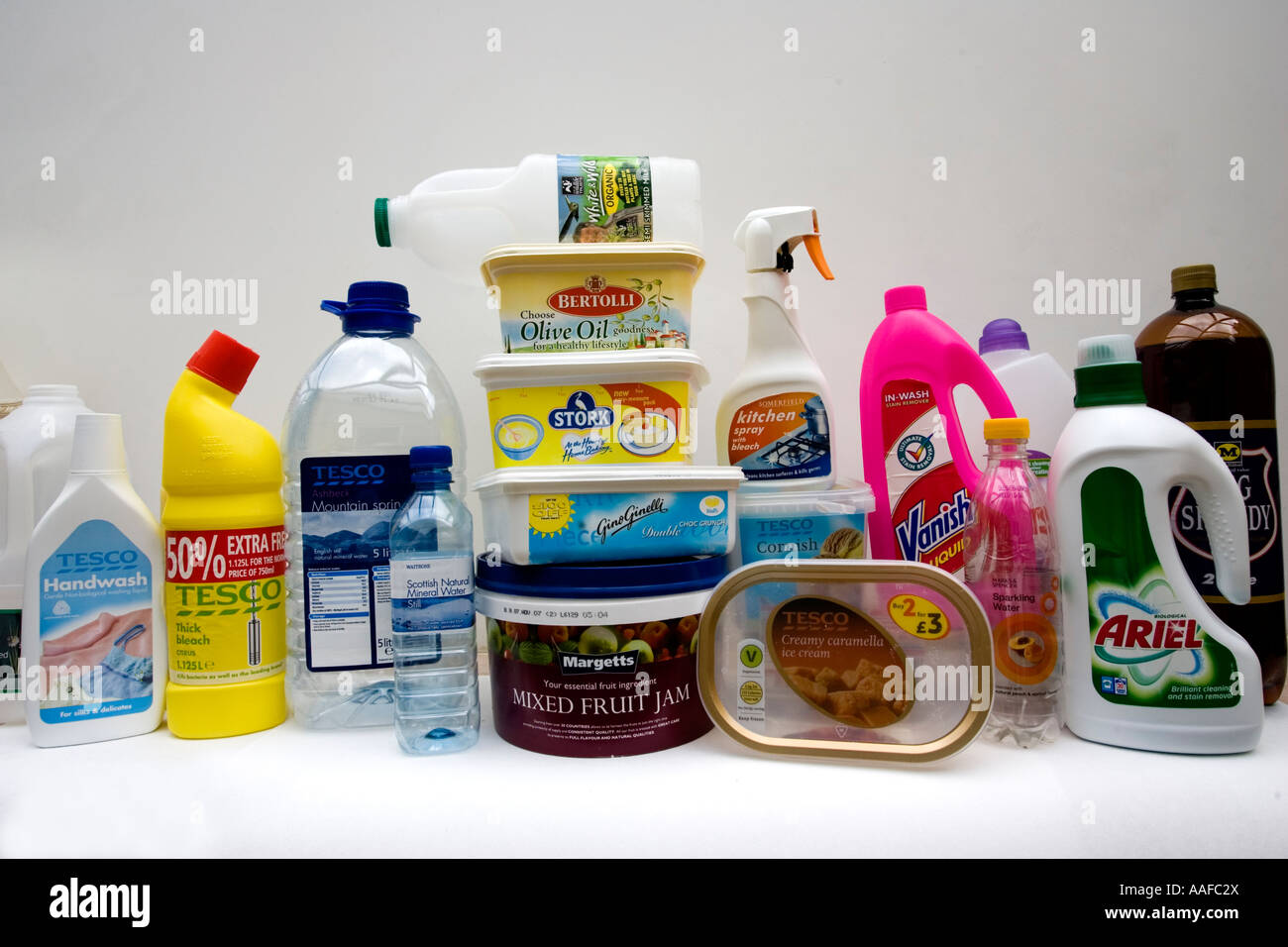 Variety of household items and food in plastic packaging UK Stock Photo