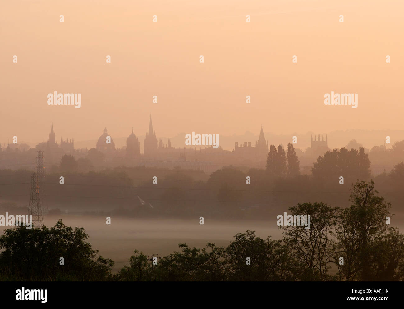The Oxford spires at dawn seen from South Hinksey, Oxfordshire, England