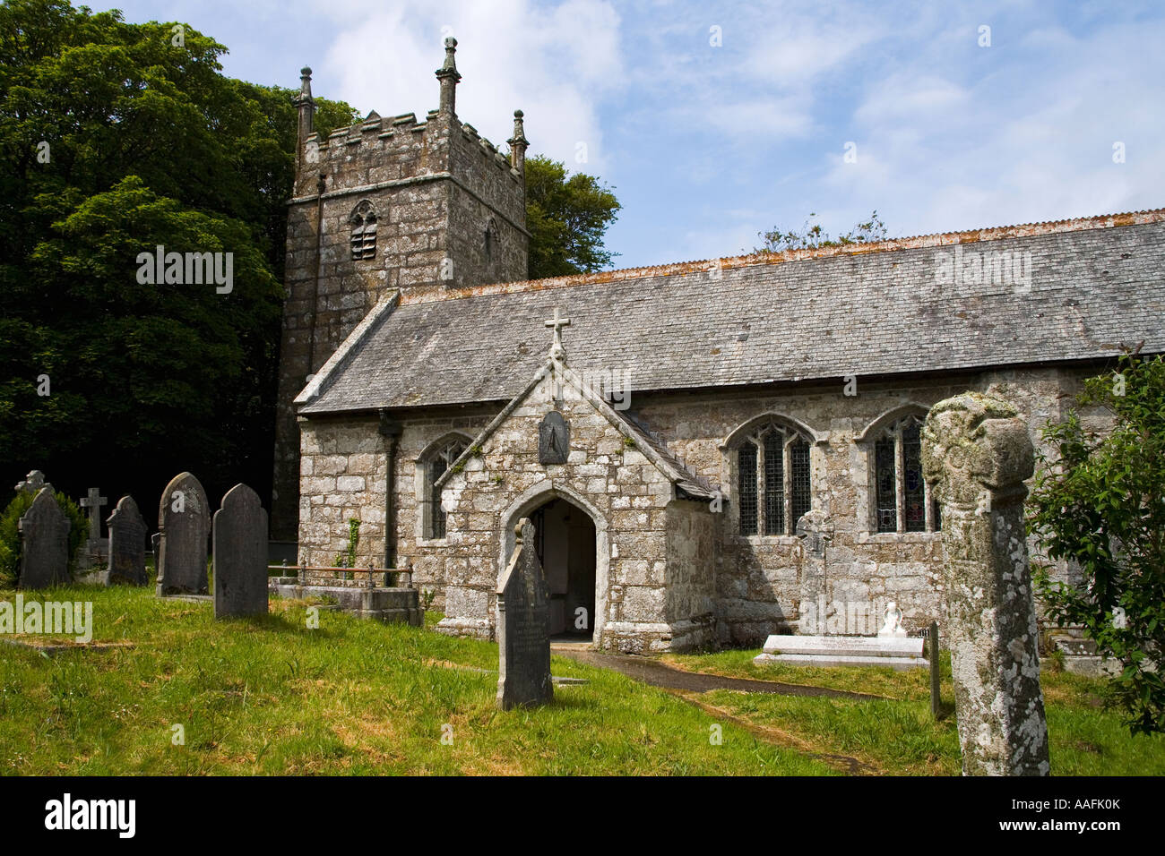 Sancreed Church and churchyard with celtic crosses West Penwith Cornwall England UK United Kingdom GB Great Britain British Isle Stock Photo