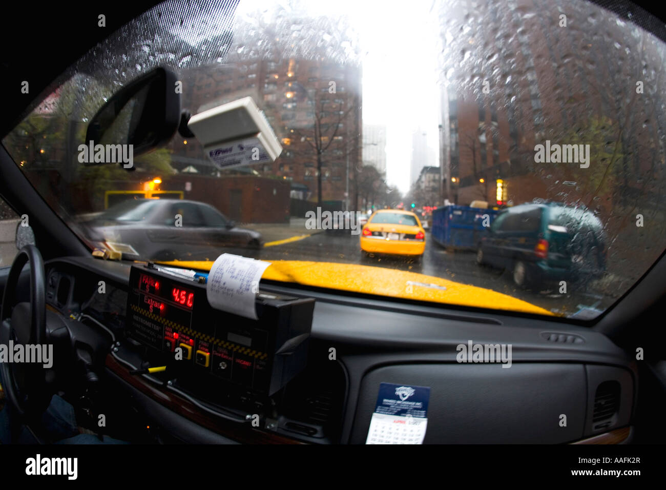 New York taxi cab view from interior in Manhattan on rainy day New York  NYC USA United States of America Stock Photo