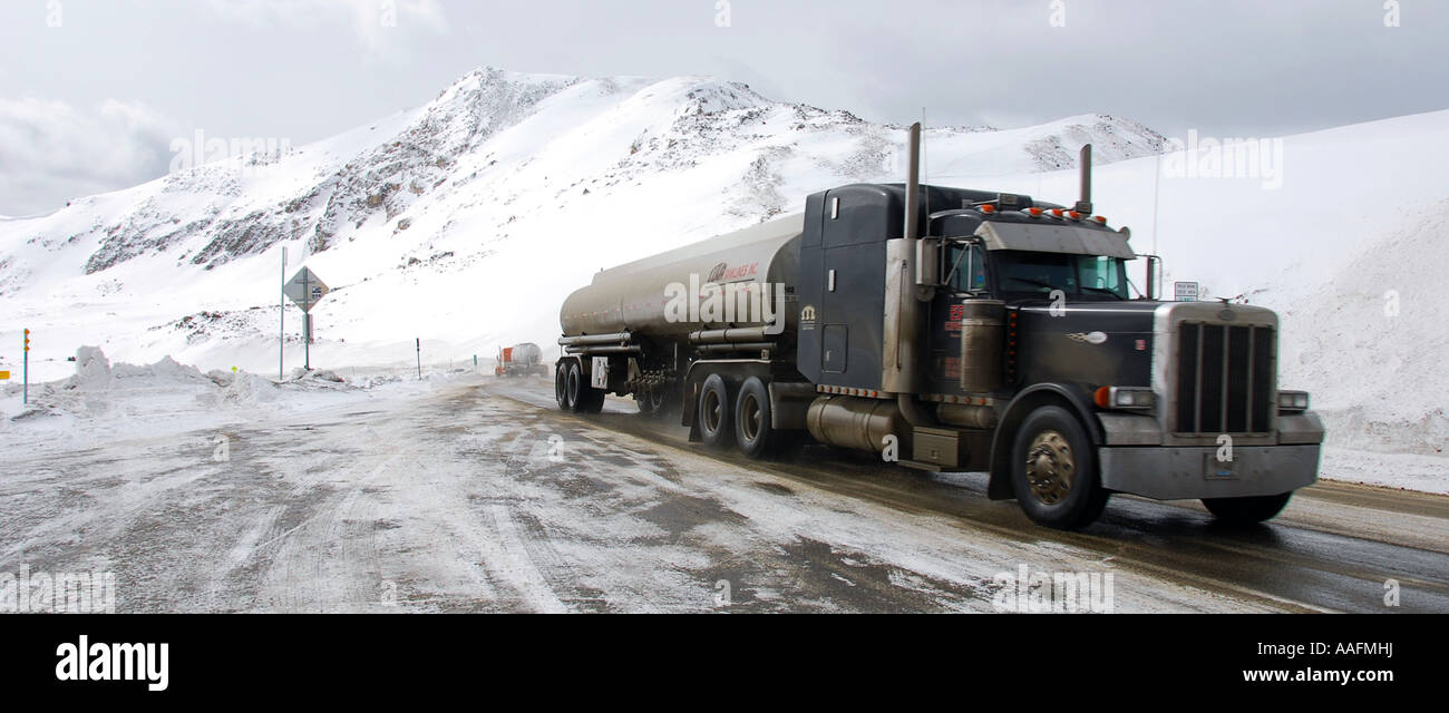 American Truck on snowy mountain pass in US Stock Photo