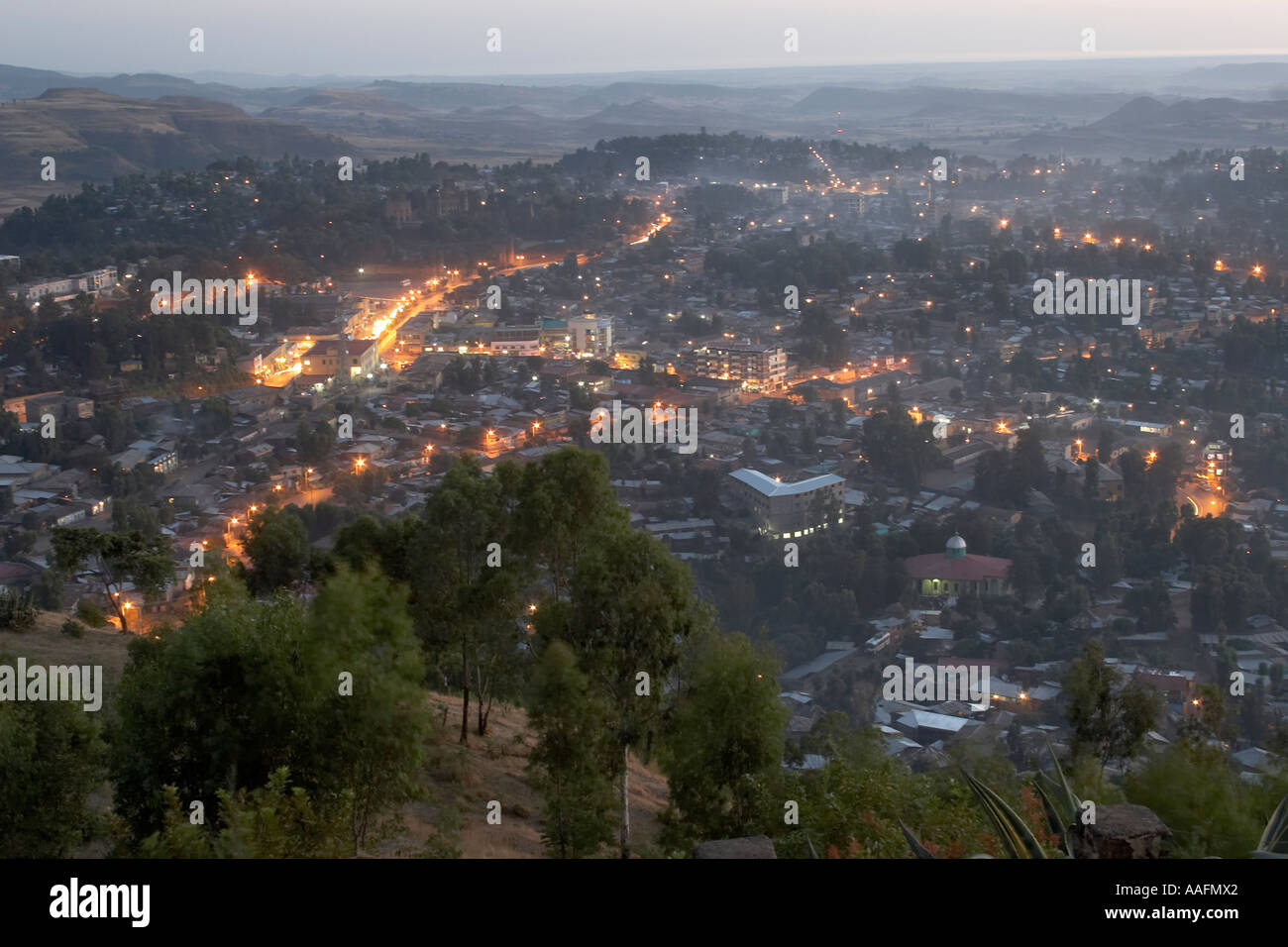 High level view at twilight dusk or night from Goha hotel in Gonder 17 19C capital city of Ethiopia Africa Stock Photo