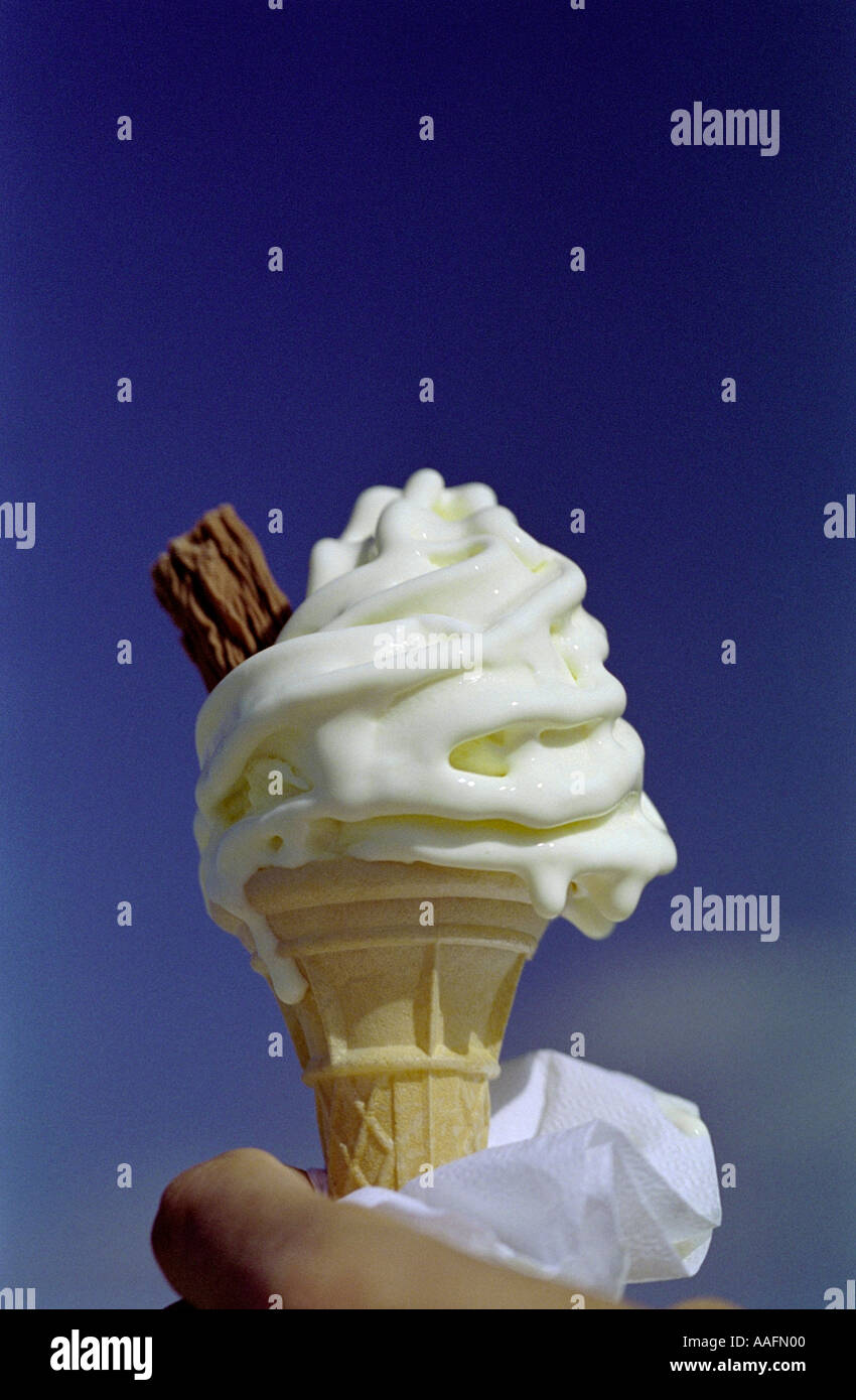 Ice cream cones with ice cream in and maybe a 99 flake in as well of ten found ice ice cream vans in Britain Stock Photo