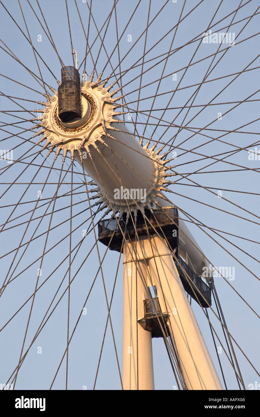 BA London Eye spindle and spokes in evening light on South Bank from River Thames London SE1
