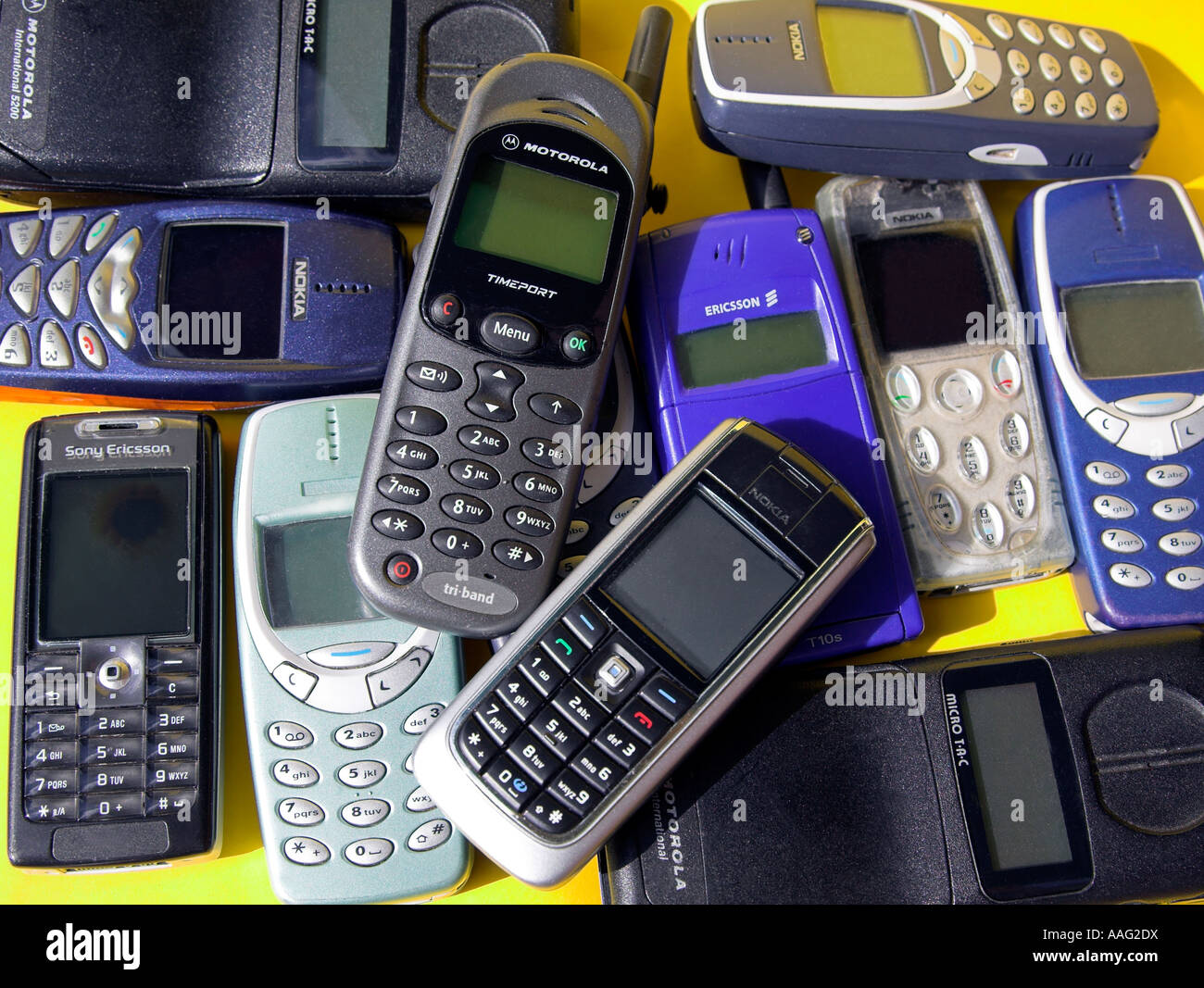 Collection of old mobile phones. Stock Photo