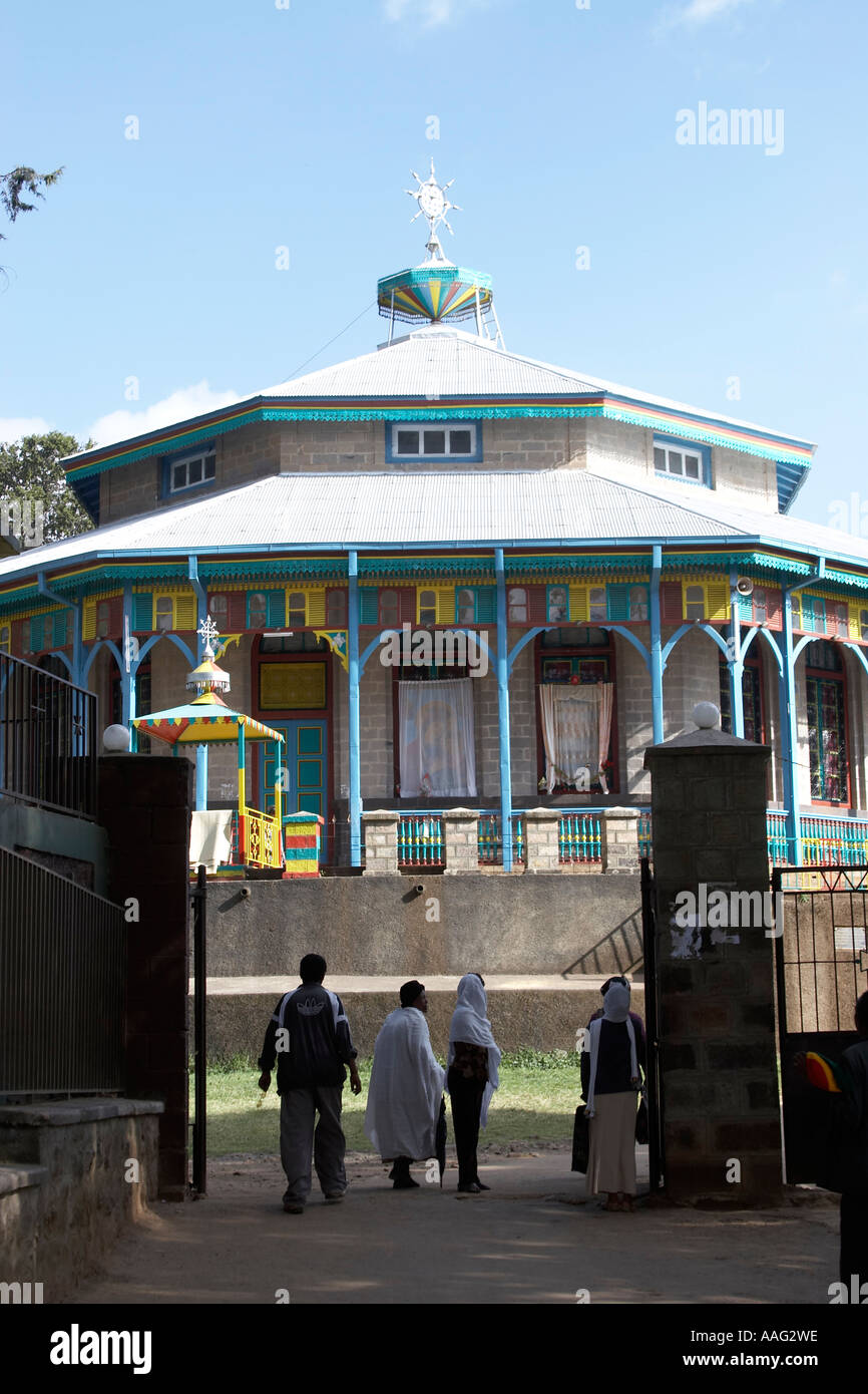 People outside Entoto Maryam Ethiopian orthodox church above Addis Ababa Ethiopia Africa Stock Photo