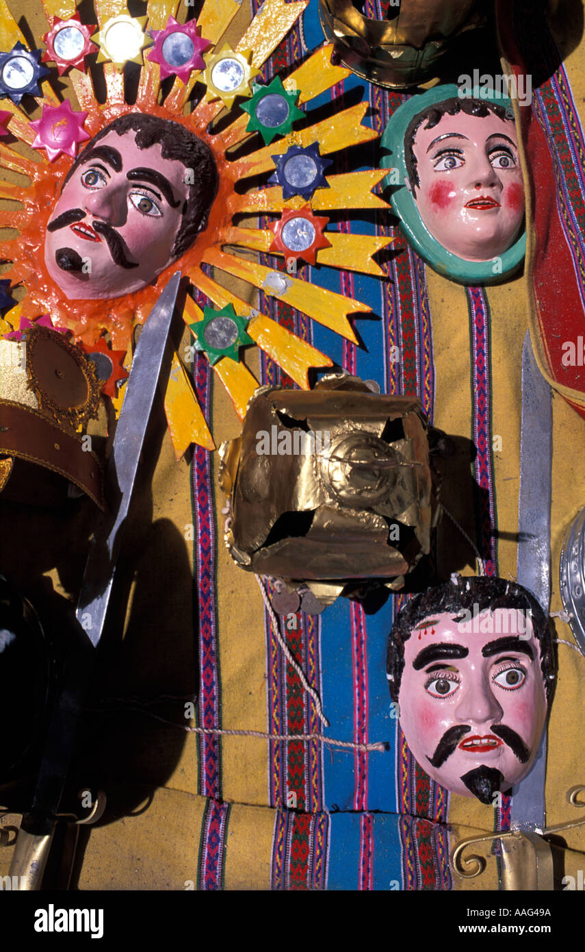 Selection of dance masks procession paraphenalia being use for fiesta celebrations Chivay Colca Canyon Peru South America Stock Photo