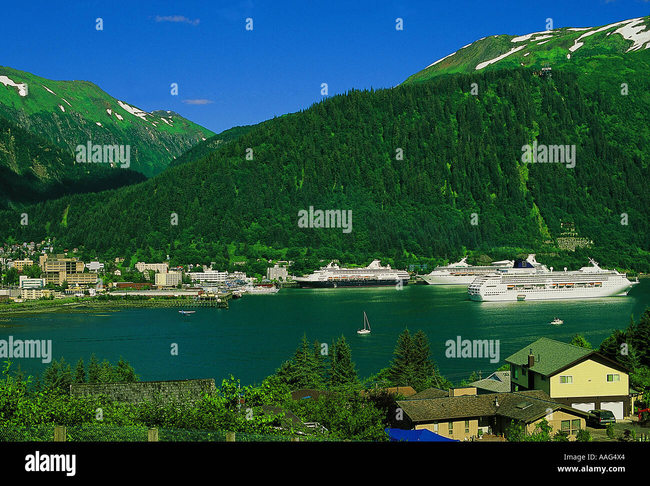 Juneau city from Douglas Island, Alaska USA. Stock Photo