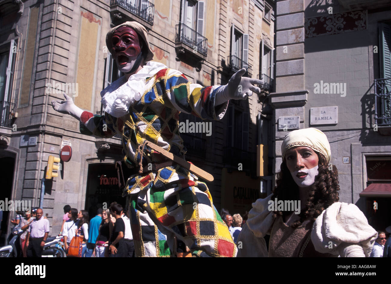 Living dolls Harlequin Columbina Las Ramblas Barcelona Catalonia Spain Stock Photo