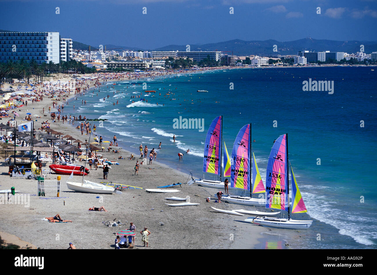 View over beach Platja d en Bossa Ibiza City Ibiza Balearic Island Spain Stock Photo