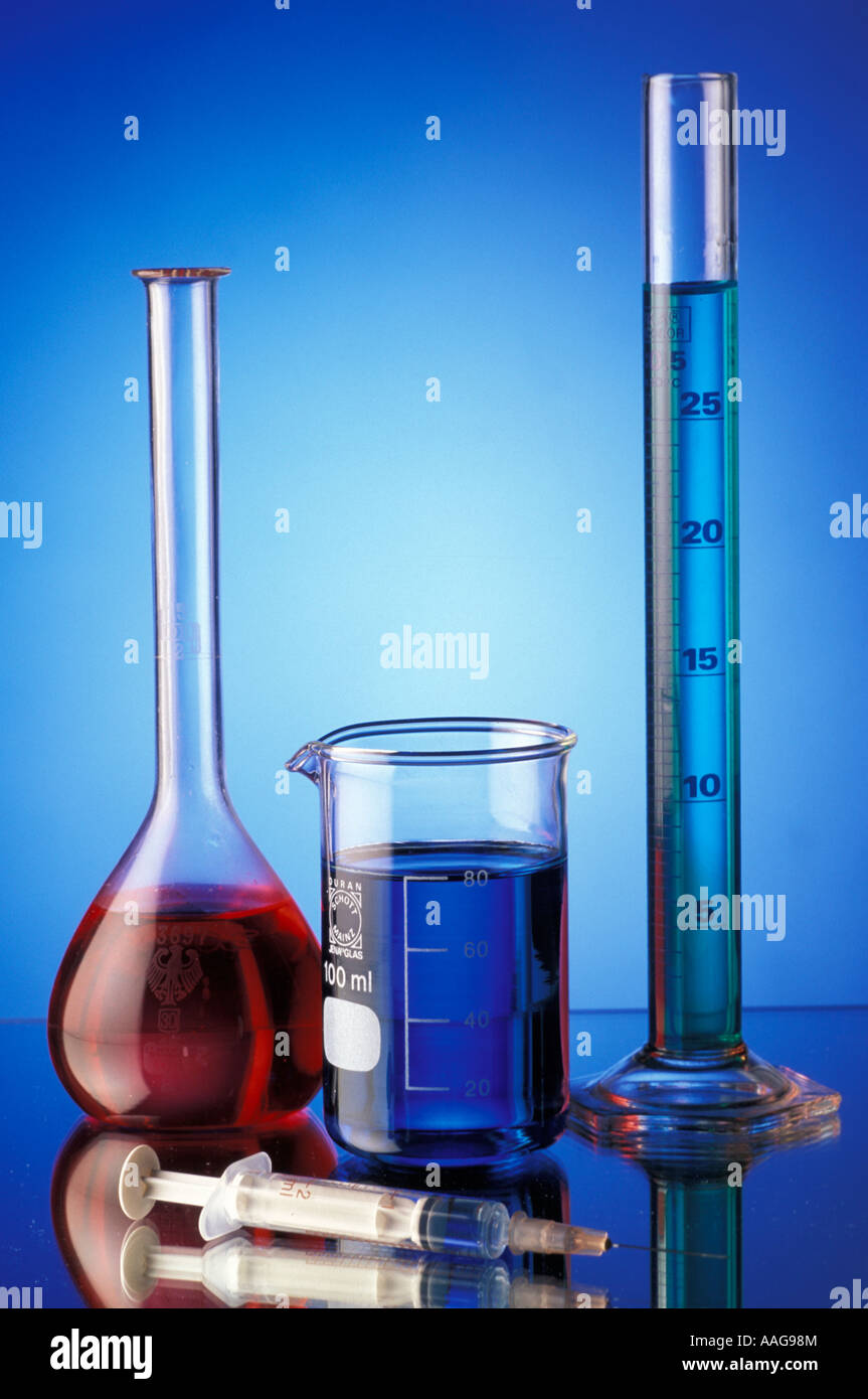 Laboratory flasks with coloured liquids Stock Photo Alamy