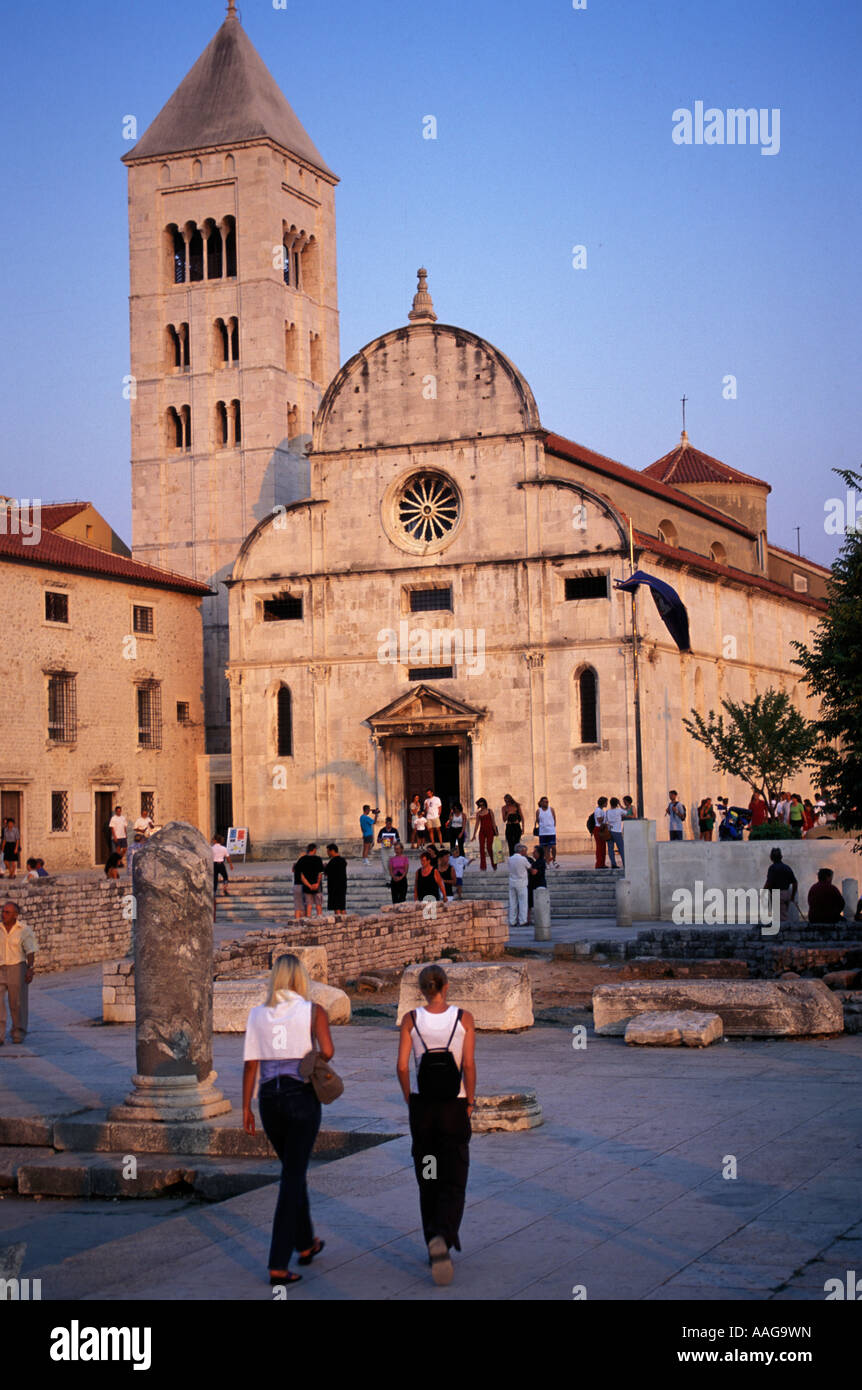 People walking over square St Mary s Church Sv Marija in background Old Town Zadar Dalmatia Croatia Stock Photo