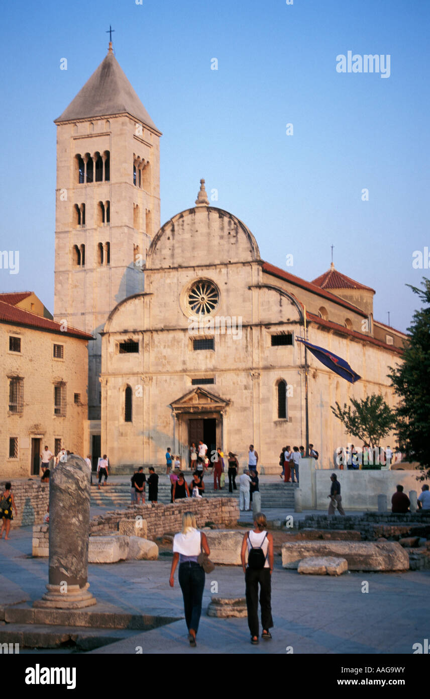 People walking over square St Mary s Church Sv Marija in background Old Town Zadar Dalmatia Croatia Stock Photo