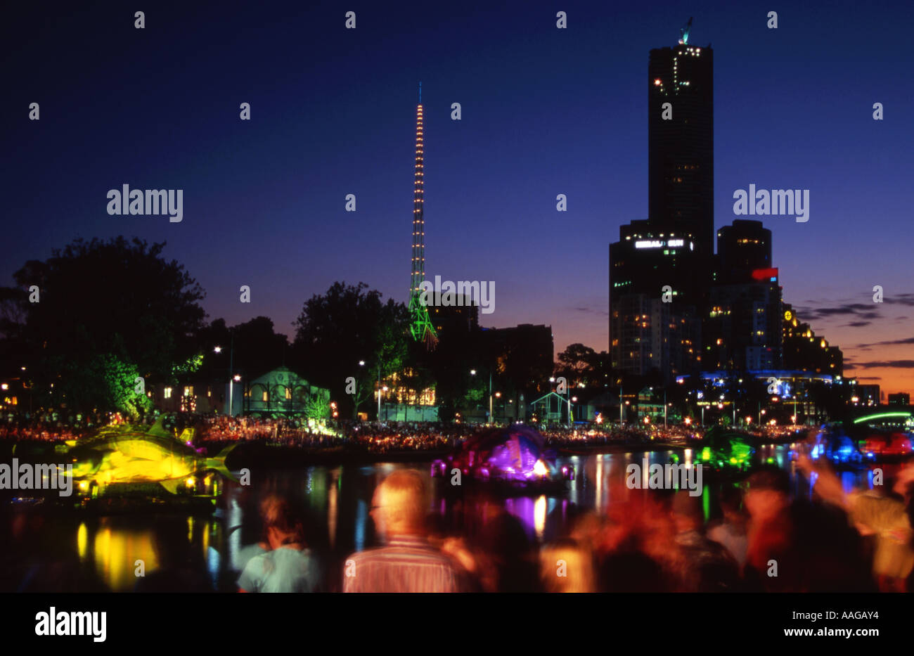 Spectators watching light show on the Yarra River during 2006 Commonwealth Games Melbourne Victoria Australia Stock Photo