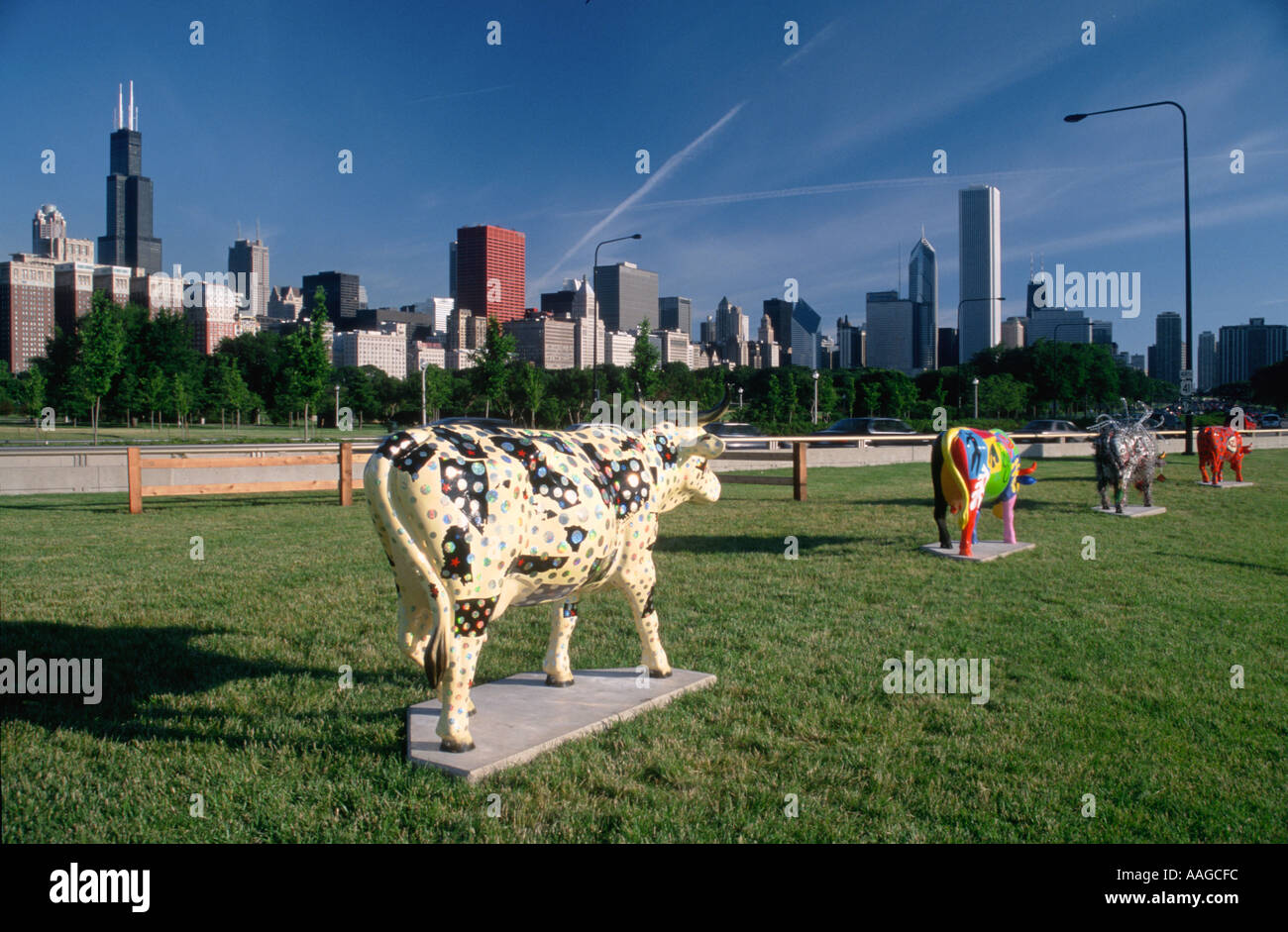 SCULPTURE Chicago Illinois Cow sculptures at Museum Campus city skyline