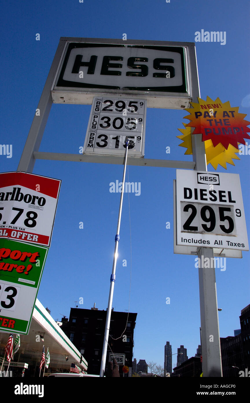 A worker at the Hess gas station in Midtown Manhattan raises the prices for gasoline Stock Photo