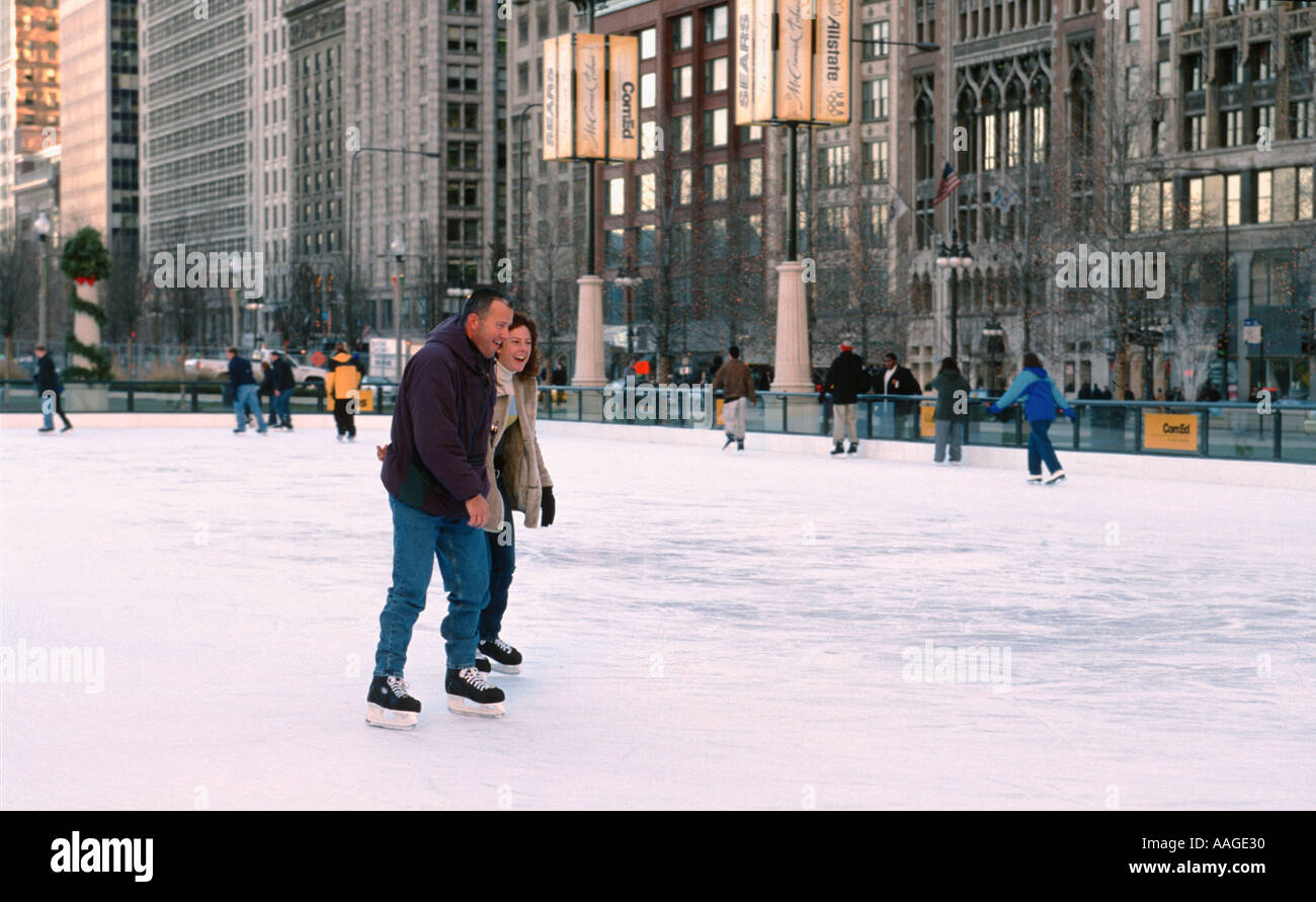 Skating Chicago Illinois Couple Ice Skate On Outdoor Rink