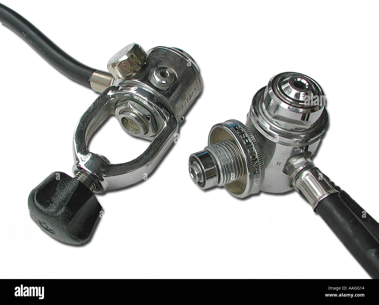 Diving equipment showing difference between an A and DIN fitting first stage valve Stock Photo