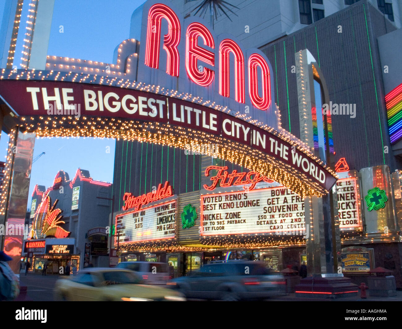 The main street through downtown Reno Nevada glows with neon signs