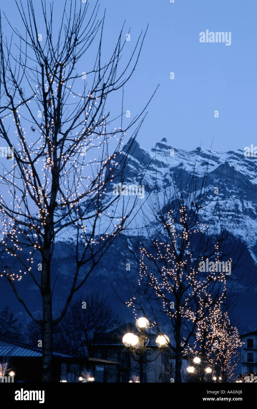 Mont Blanc and Christmas tree lights St Gervais les Bains Haute Savoie ...