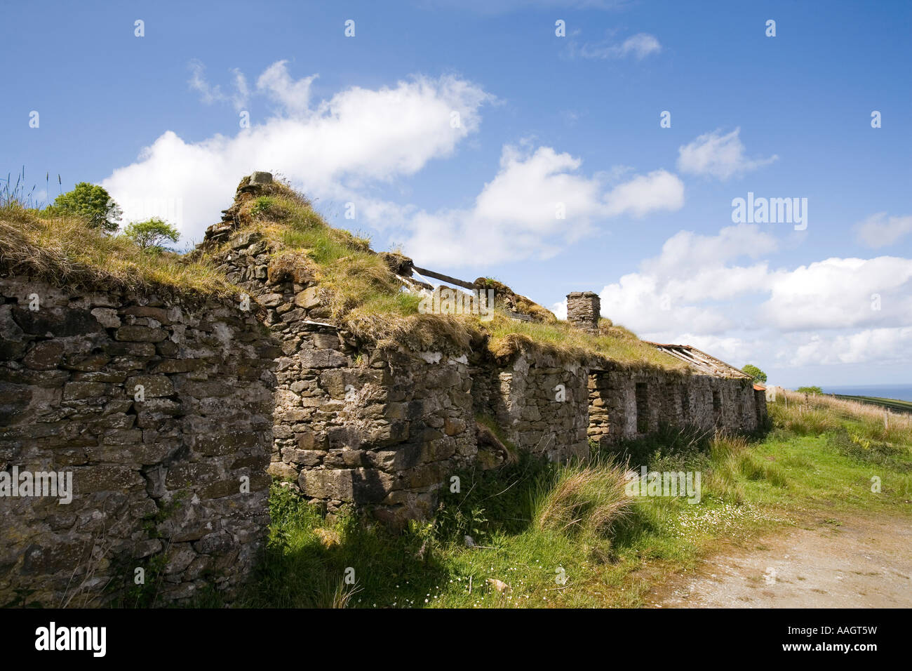 Ireland County Donegal Inishowen Peninsula Ballybane derelict traditional cottage on