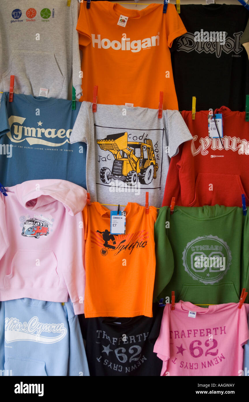 welsh language t-shirts sweat shirts designs by Cowbois company on sale Urdd Eisteddfod 2007 Wales UK Stock Photo