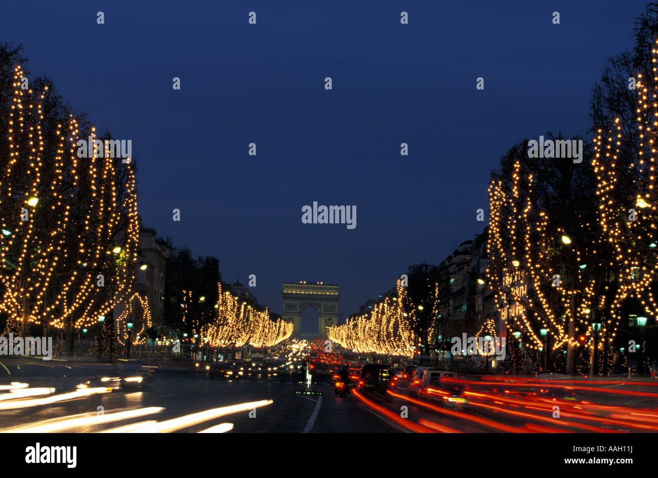Christmas Lights Arc de Triomphe and Champs Elysees Paris France Stock Photo