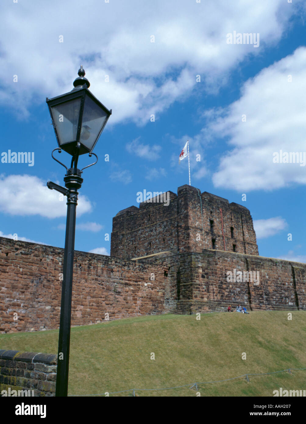 Red sandstone Norman keep and walls of Carlisle Castle, Carlisle, Cumbria, England, UK. Stock Photo