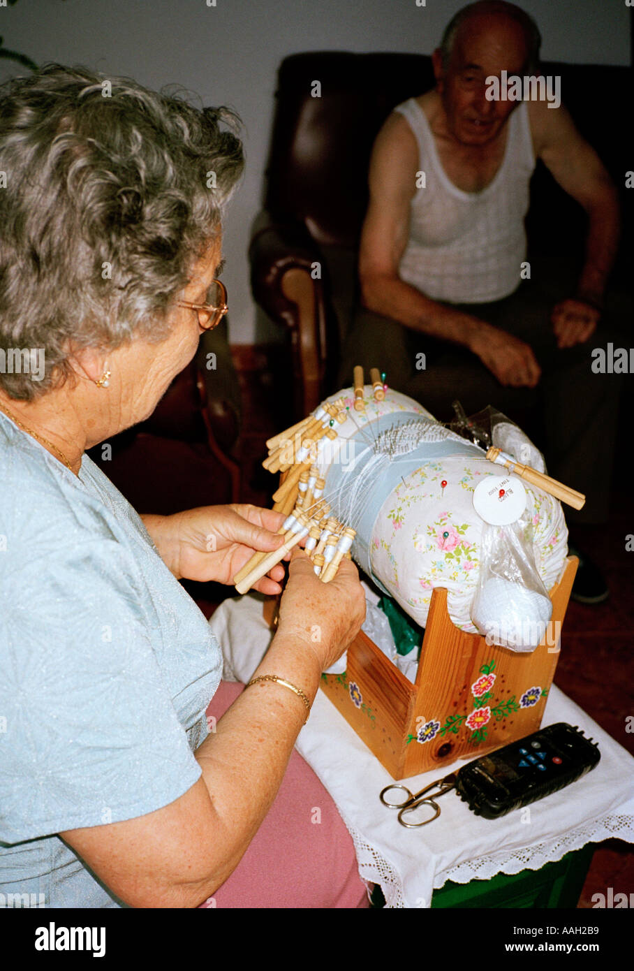 Lace making is still practised by the old women in the hill villages of Andalusia, Andalucia southern Spain Stock Photo