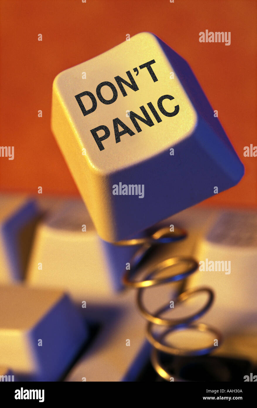computer keyboard with Don t Panic key sprung up Stock Photo