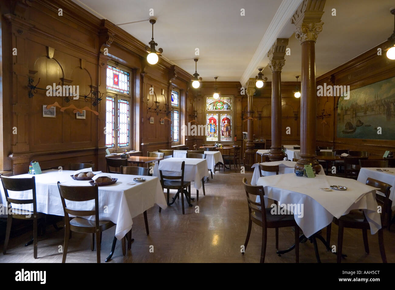 View inside the empty restaurant Bierhalle Kropf Beer Hall Kropf Zurich