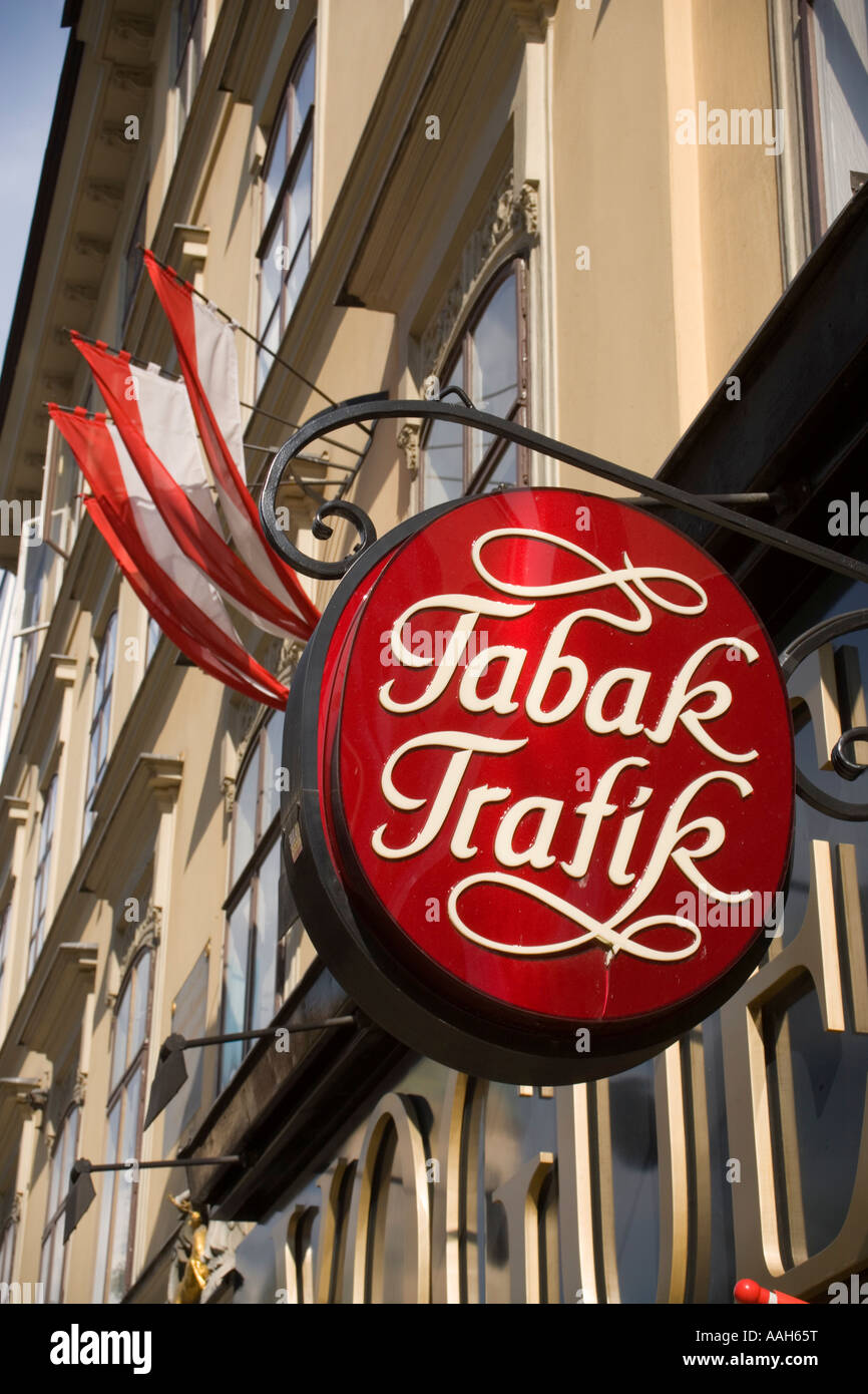 Red shop label of a tobacco shop at shopping street Mariahilfer Stra e  Vienna Austria Stock Photo