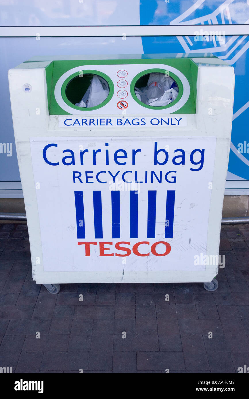 Carrier bag recycling container outside Tesco Superstore UK Stock Photo