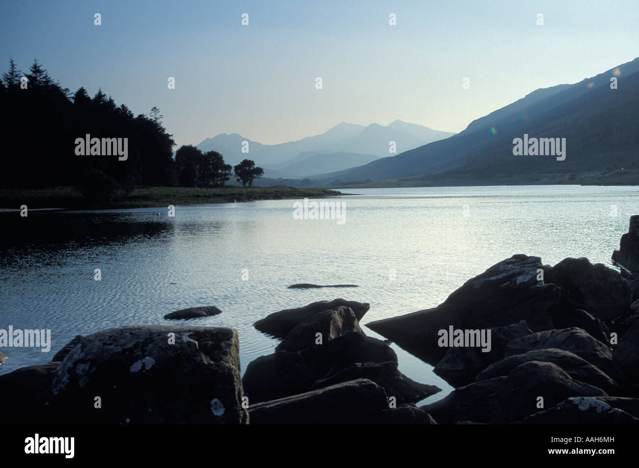 View to Snowdon massif Snowdonia National Park Gwynedd Wales United Kingdom Stock Photo