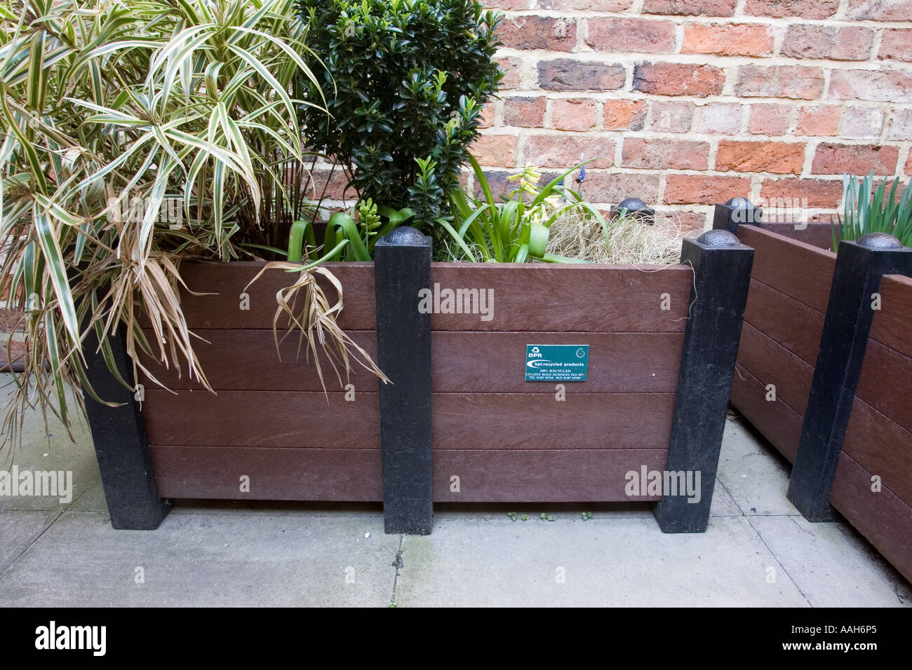 Plaswood planter a high density plastic made mainly from waste agricultural black plastic by BPI Scotland UK Stock Photo