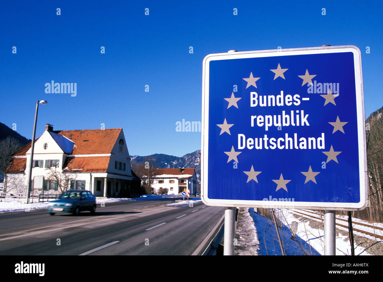 Traffic sign at border crossing between Germany and Austria Pfronten Bavaria Germany Stock Photo