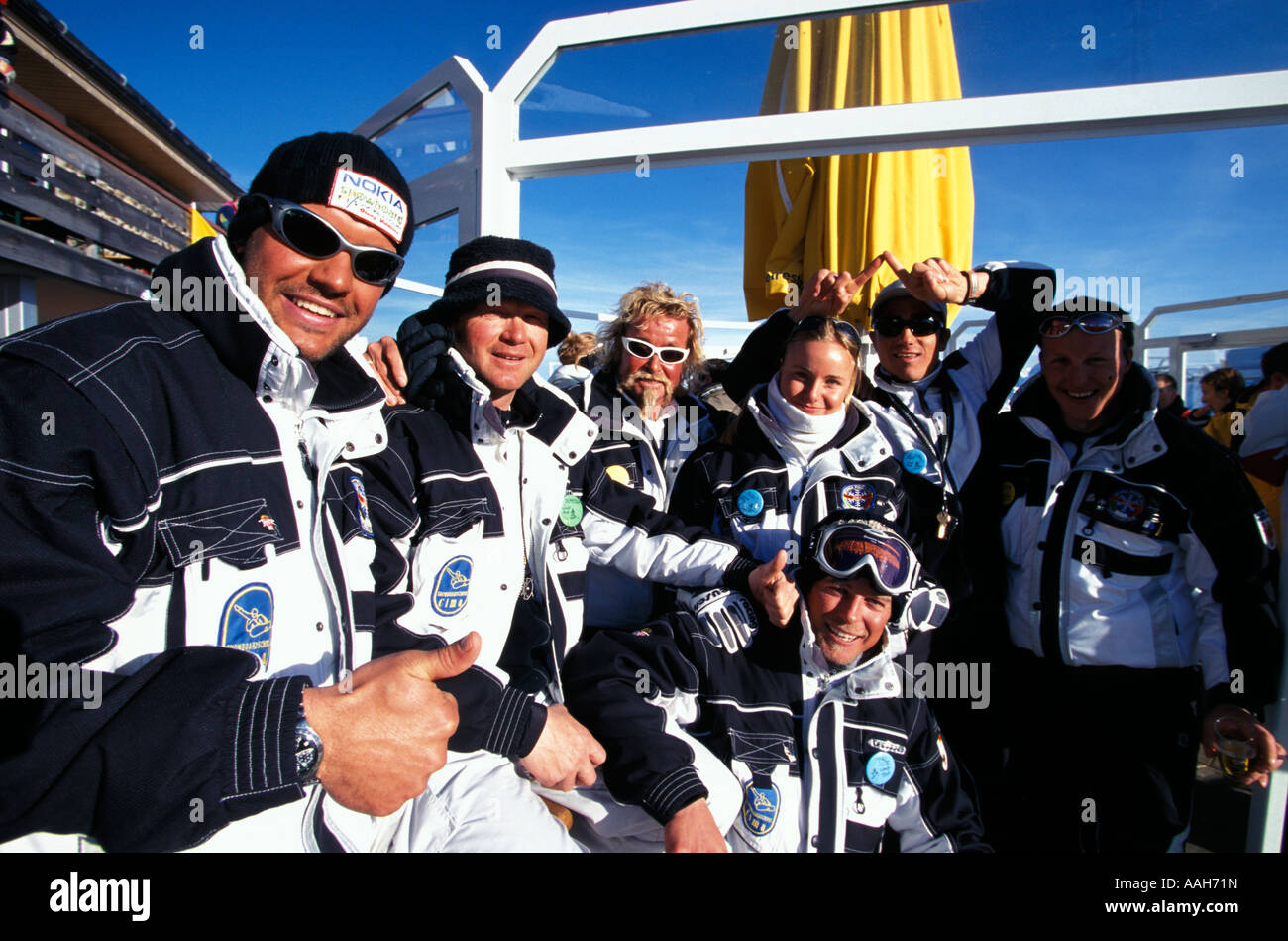 Group of skiing instructors Plan de Corones Dolomites Bolzano South Tyrol Italy Stock Photo