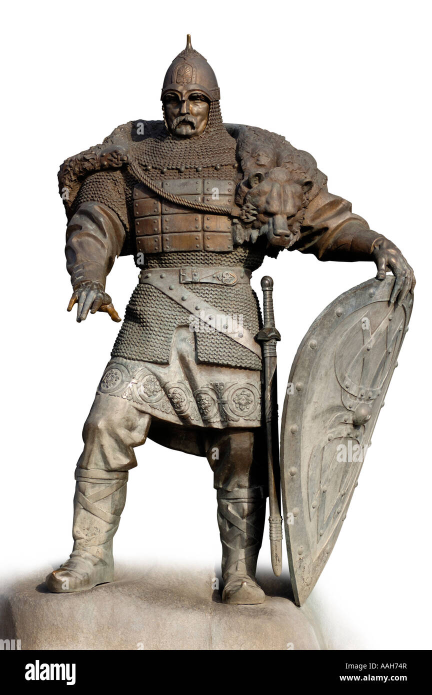 Bronze Sculpture of a Swordsman Isolated on white cutout Warrior in armour Stock Photo