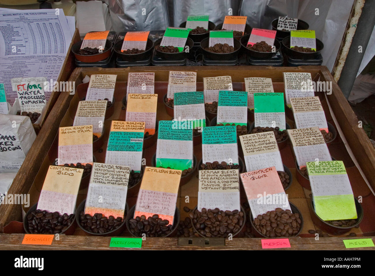 Different coffees and teas for sale, Cambridge market Cambridge England Stock Photo