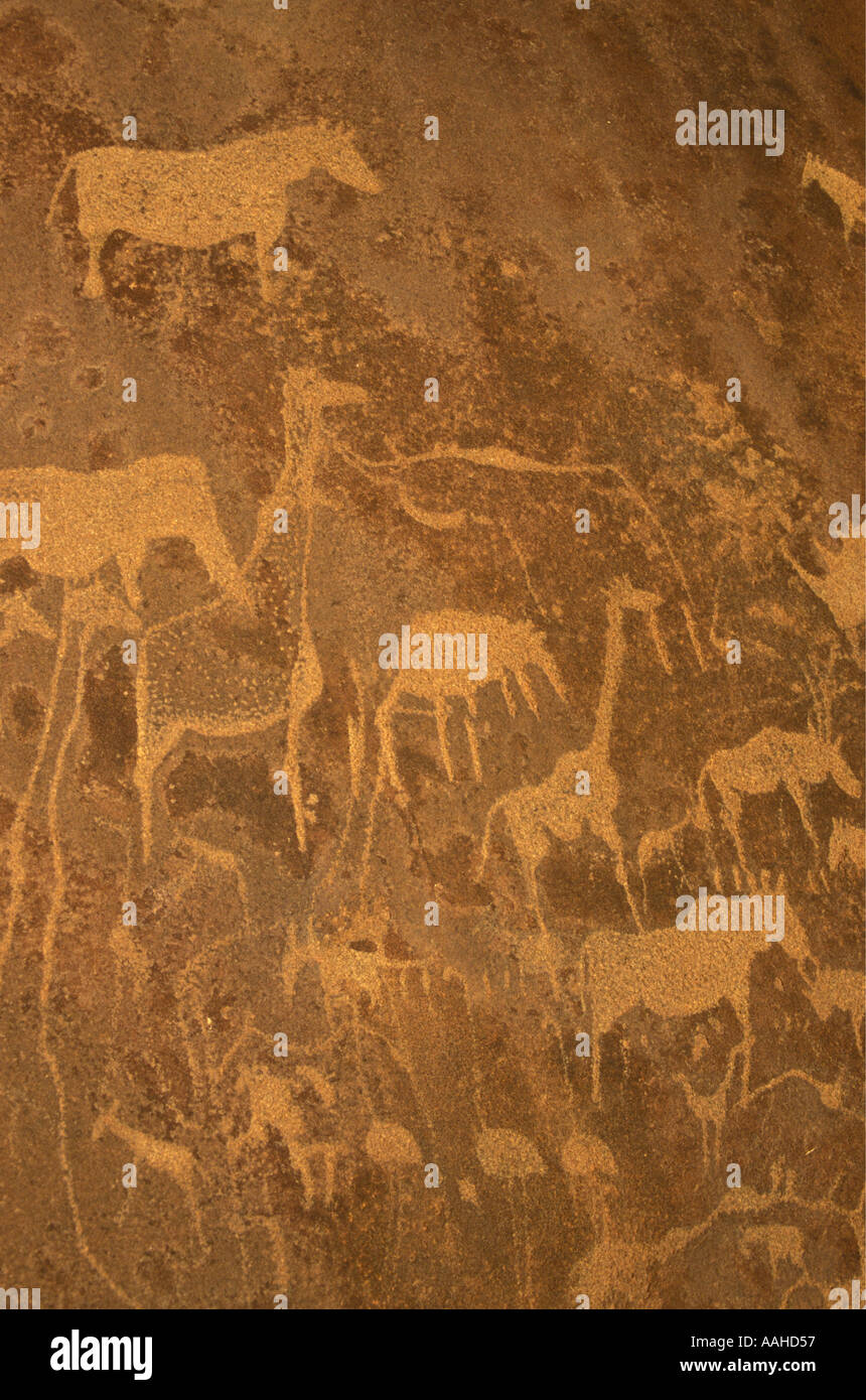 Rock engraving made by San people or Bushmen Twfelfontein National Monument Damaraland northern Namibia Africa Stock Photo