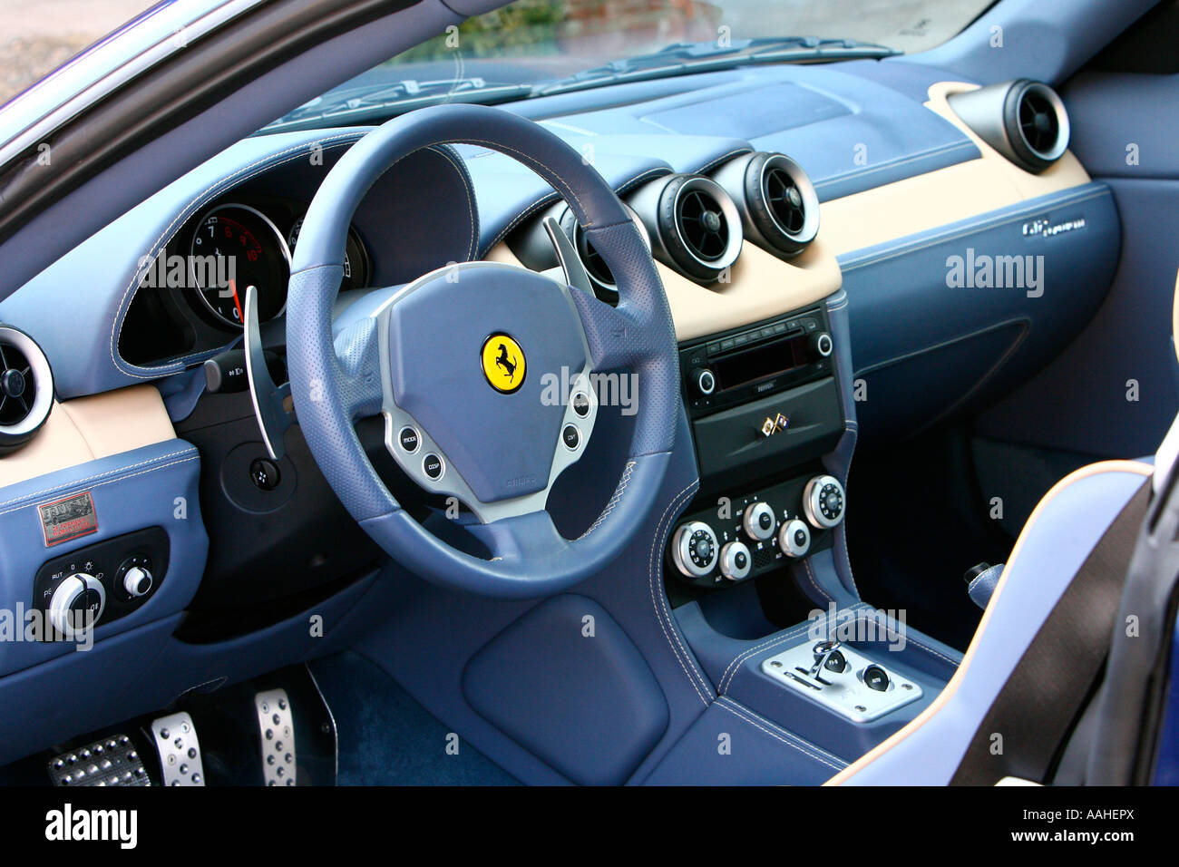 Steering wheel and instruments of a Ferrari 612 Scaglietti Stock Photo