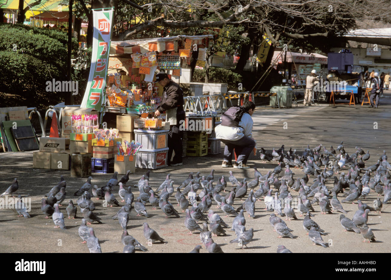 Japan Tokyo Ueno park Feeding the pigeons parent child Stock Photo Alamy