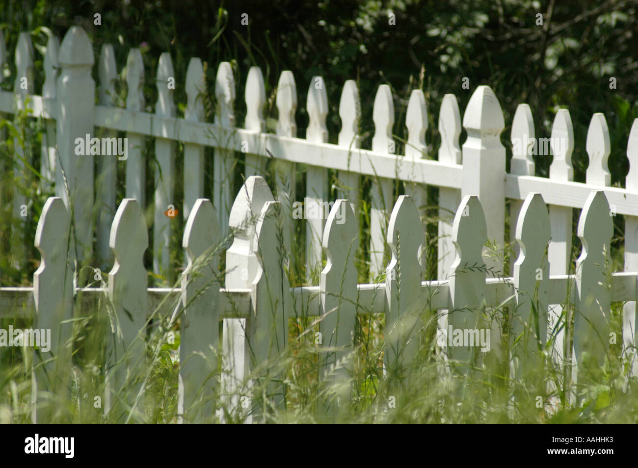 An angled shot of a country side white picket fence in grassy overgrown yard Stock Photo
