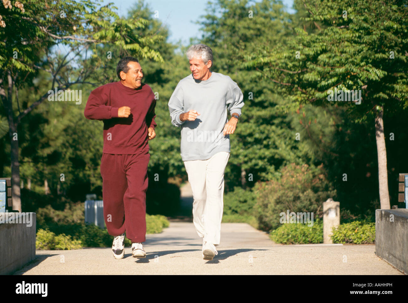 Senior men jogging along trail path ethnic diversity racially diverse African American caucasian, talking smiling Stock Photo