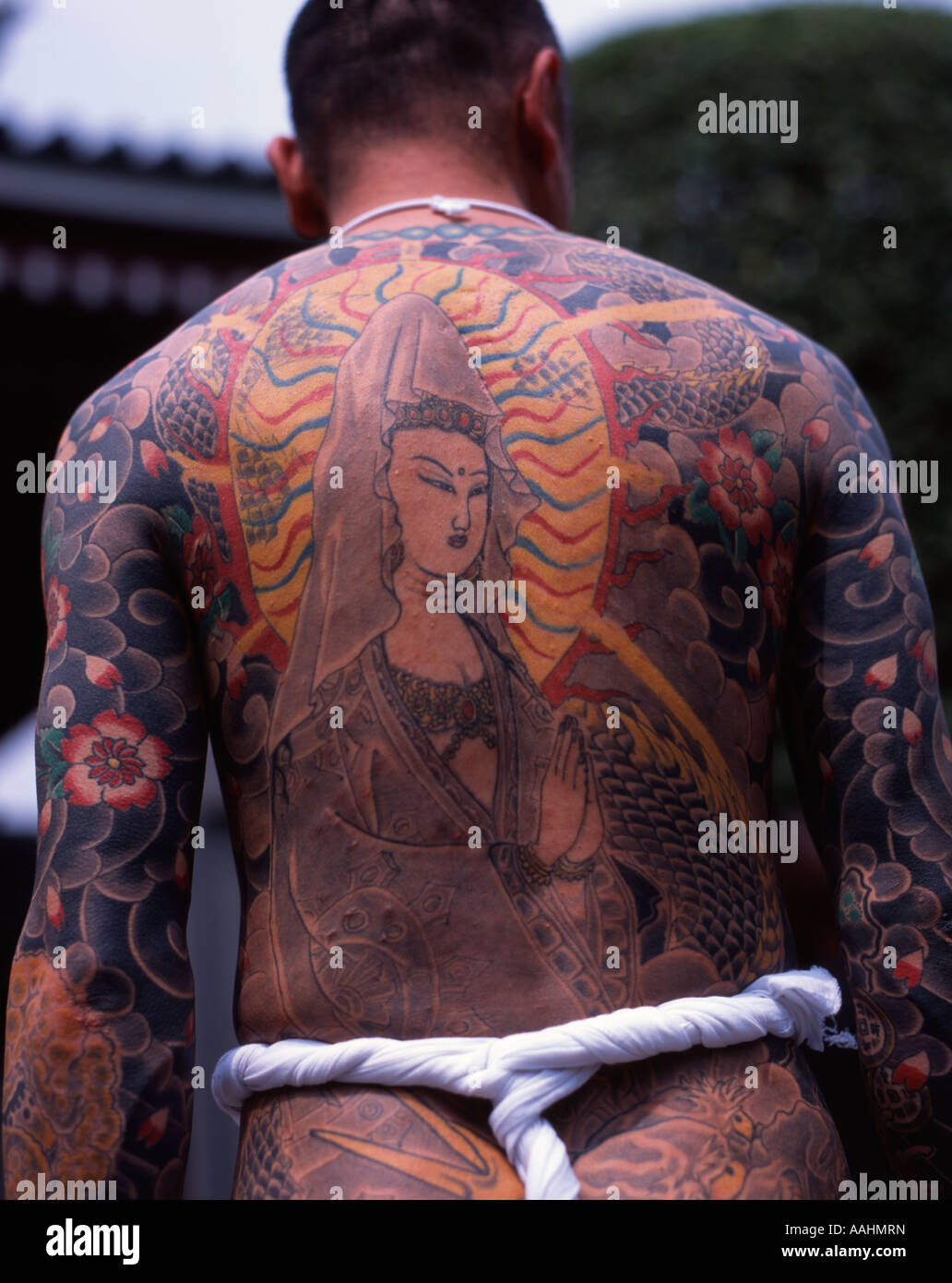 Tattoos on the back of man at Tokyo's Sanja Matsuri held at Senso-ji Temple ( Asakusa Kannon ) Stock Photo