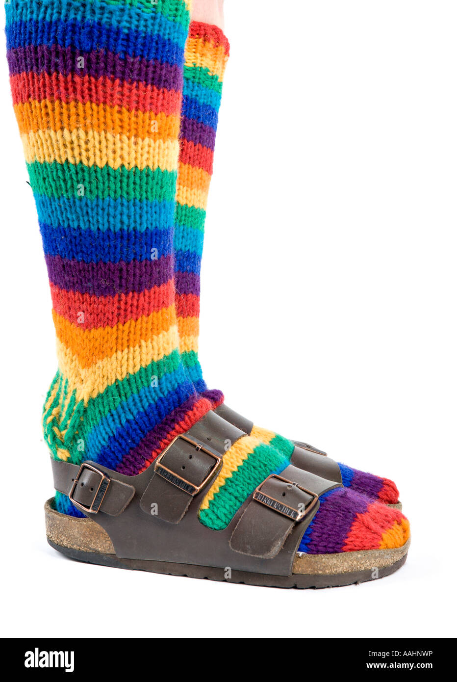 Hippy rainbow socks and sandals Stock Photo Alamy